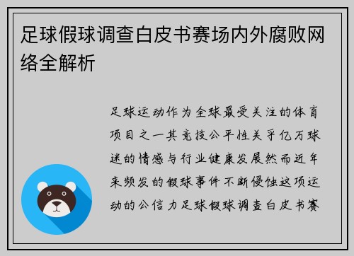 足球假球调查白皮书赛场内外腐败网络全解析