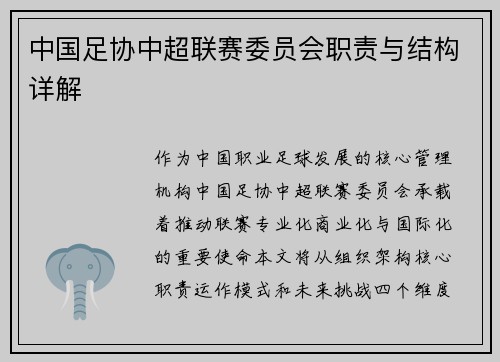 中国足协中超联赛委员会职责与结构详解